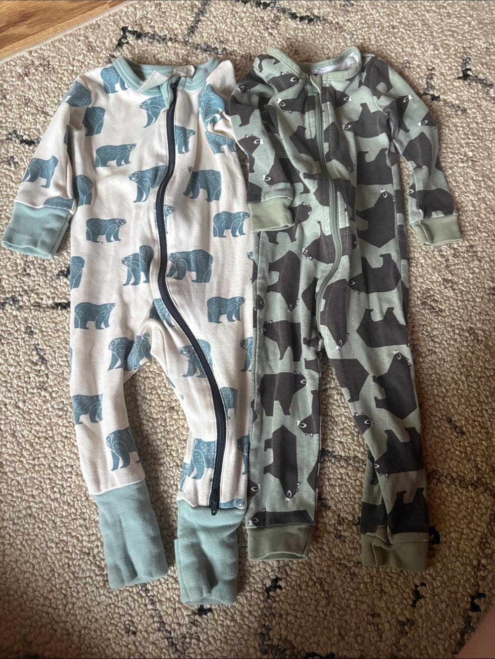 Bear Print Baby Zip Footless Sleepers - Blue & Green